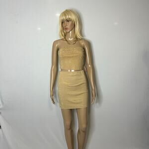 IRIS Gold Rhinestone Strapless Crop Top Mini Skirt 2 Piece Set Size M